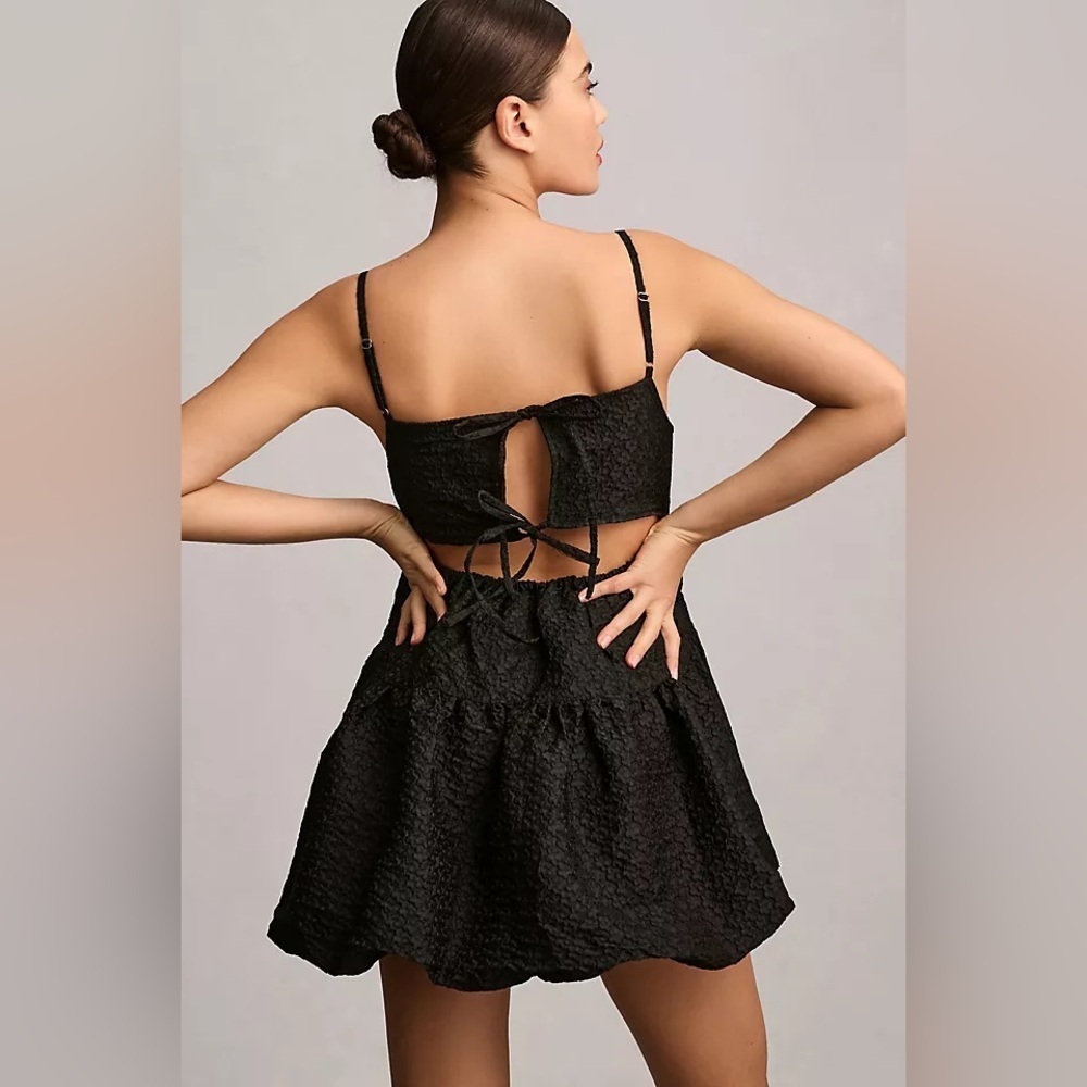 Aureta X Anthropologie Square Neck Buble Hem Black Mini Dress - Picture 3 of 9